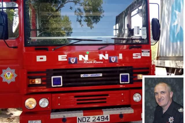 The 'Raith Rovers' fire engine in Argentina, one of two named in memory of the late Bert Stewart (inset).