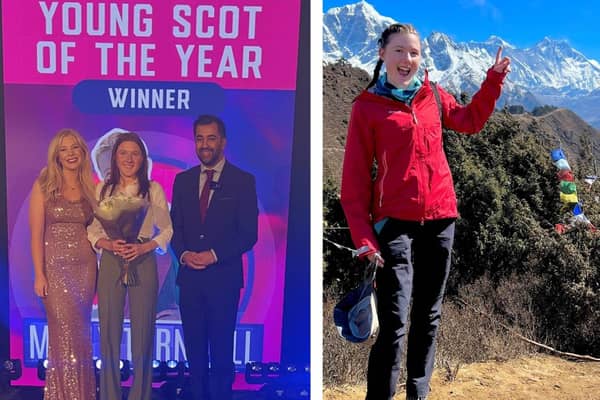 CapitalFM DJ and event host Katy J (left), Molly Turnbull, First Minister Humza Yousaf. Right: Molly trekking to Everest base camp