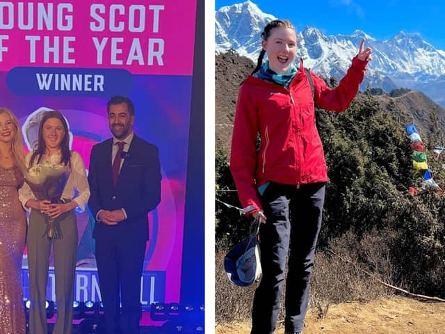 CapitalFM DJ and event host Katy J (left), Molly Turnbull, First Minister Humza Yousaf. Right: Molly trekking to Everest base camp