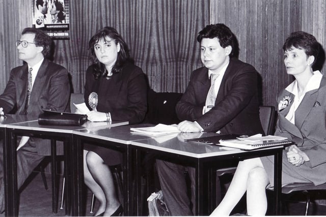 Election hustings in 1992.  Glenrothes candidates from left Henry McLeish, Carol Cender, Craig Harrow and Tricia Marwick