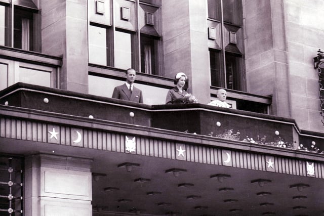 Prince Phillip and The Queen on the balcony of Kirkcaldy's Town House in 1958.