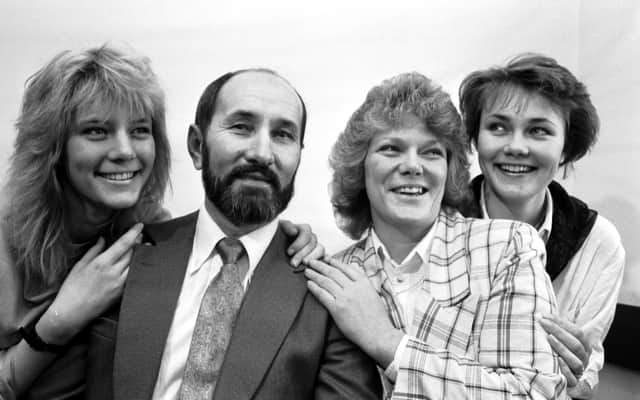 Exiled Croatian leader Nikola Stedul with his wife and daughters at a press conference in May 1989.