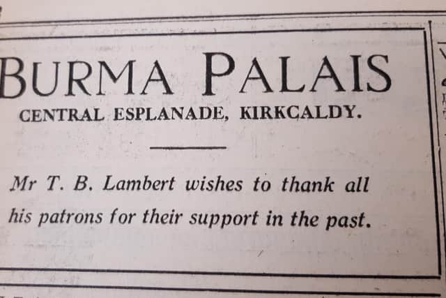 A message placed in the Fife Free Press after the devastating fire which destroyed the ballroom (Pic: Fife Free Press)