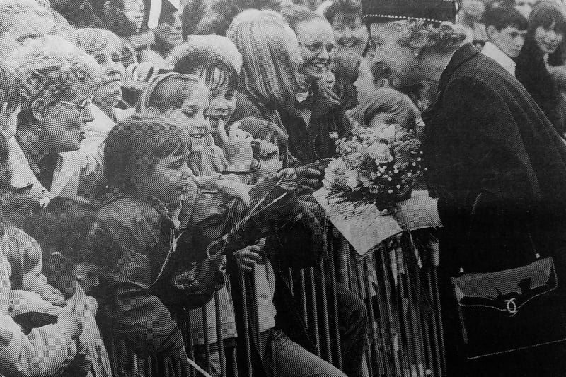 Royal visit to Kirkcaldy 1998 - the Queen talks to people in the crowd in Glenrothes