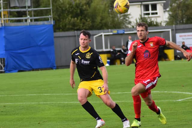 Danny Denholm looks to get in behind the Dumbarton defence during the weekend's heavy loss. Pic by Kenny Mackay