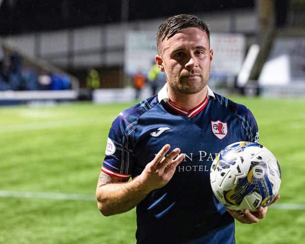 KIRKCALDY, SCOTLAND - DECEMBER 22: Raith's Lewis Vaughan poses with the match ball after scoring a hat-trick during a cinch Championship match between Raith Rovers and Ayr United at Stark's Park, on December 22, 2023, in Kirkcaldy, Scotland. (Photo by Mark Scates / SNS Group)