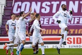 Gozie Ugwu celebrates making it 1-0 to Raith Rovers after just four minutes.
