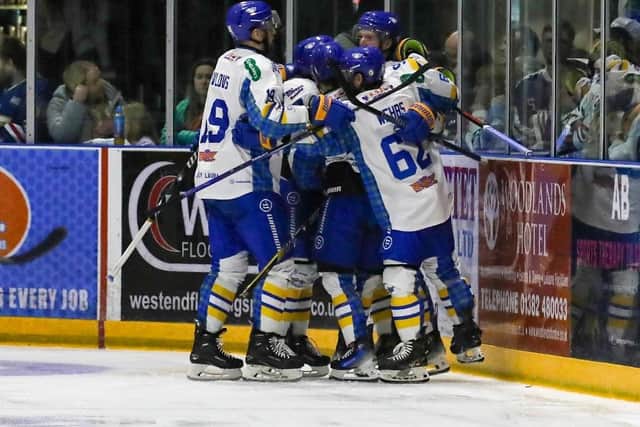 Play-offs here we come! Fife Flyers celebrate victory at Dundee (Pic: Derek Black)