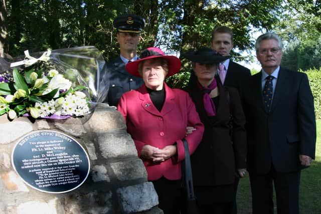 The memorial to the airmen was erected in Dunnikier Park in 2008 and the plaque was unveiled by the sister of Flight Lieutenant Mike Withey, Maureen O’Mara. Sadly Daniel’s family could not be traced at the time so did not attend. Pic: Kirkcaldy Civic Society.