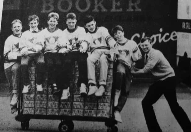 Hockey UK brought 16 teams to Kirkcaldy for the annual international competition.
This year it was sponsored by Booker Cash and Carry in Kirkcaldy who delivered crates of free juice.
From left: Steven King, Ian Plews, Steven Lynch, Denny Watson, Leon Sherris and Richard Dingwall with Iain MacKenzie, Booker’s assistant manager