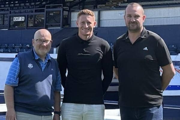 Jason Thomson (centre) at Stark's Park with Raith Hall of Fame committee men (from left) historian John Greer and Greig Hopcroft