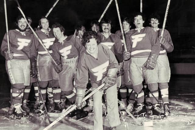 Fife Flyers fan, Margaret Stenhouse on ice with the team, mid 1970s 