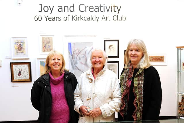 Kirkcaldy Galleries  - Fife - 
Kirkcaldy Art Club's 60th anniversary exhibition   - members Liz Mitchell, Louise Logan & Vera Lethbridge. Pic: Fife Photo Agency.
