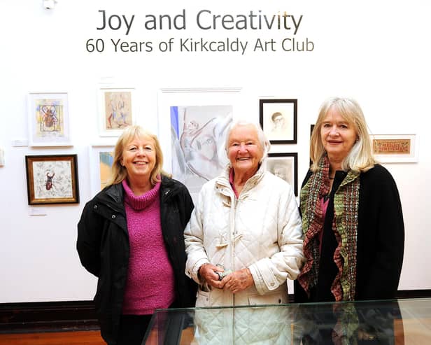 Kirkcaldy Galleries  - Fife - 
Kirkcaldy Art Club's 60th anniversary exhibition   - members Liz Mitchell, Louise Logan & Vera Lethbridge. Pic: Fife Photo Agency.