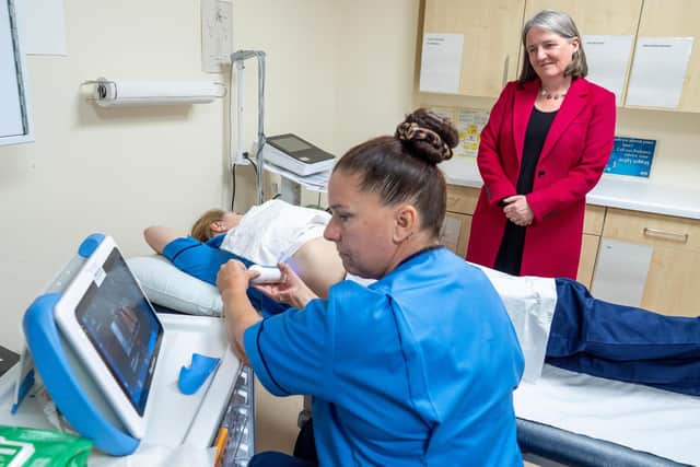 Minister for Drugs and Alcohol Policy Maree Todd watches nurse specialists Iricka King (left) and Angela Morton (centre) demonstrate a fibro scanner, which checks liver health, during a visit to Whytemans Brae Hospital in Kirkcaldy | Pix Jane Barlow/PA Media