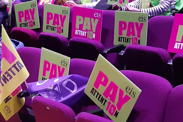 Placards at a rally staged recently at Rothes Halls, Glenrothes (Pic: Fife Free Press)