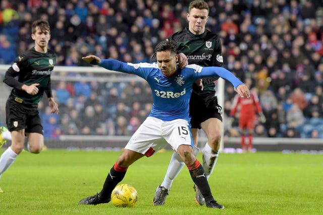 March 1, 2016, Scottish Championship: Rangers 2, Raith Rovers 0
Rangers goal-scorer Harry Forrester holding off Ross Matthews at Glasgow's Ibrox Stadium. Lee Wallace got the hosts' other goal (Pic: SNS Group/Paul Devlin)