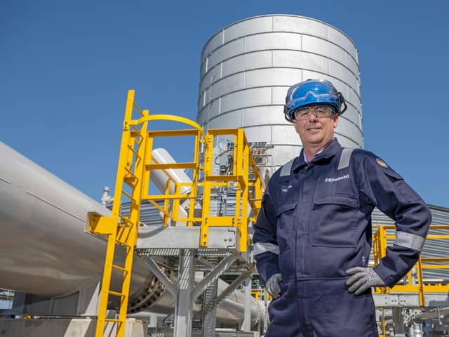 Toby Hamlin,new plant manager at Mossmorran, with the new ground level flare (Pic: Submitted)