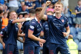 Centre-half Adam Masson celebrating scoring his first goal for Raith Rovers against Northern Ireland's Cliftonville on Saturday in the third round of the SPFL Trust Trophy (Pic: Fife Photo Agency)