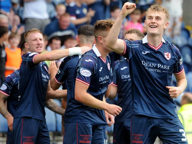 Centre-half Adam Masson celebrating scoring his first goal for Raith Rovers against Northern Ireland's Cliftonville on Saturday in the third round of the SPFL Trust Trophy (Pic: Fife Photo Agency)