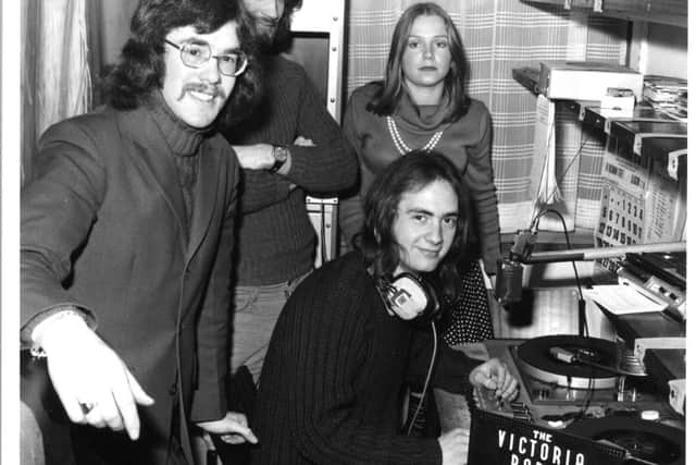 Tony Fimister plus early VRN presenters broadcasting from the broom cupboard in 1971.