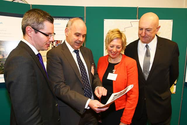 The launch of Kirkcaldy Charrette at Old Kirk in 2013 - (from left)s Derek Mackay, the then Minister for Local Government and Planning;  Julian Farrar (Ironside Farrar Consultants), Councillors Lesley Laird and Neil Crooks