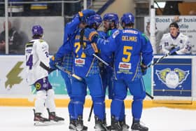 Fife Flyers celebrate hitting the net against Glasgow Clan (Pic: Jillian McFarlane)