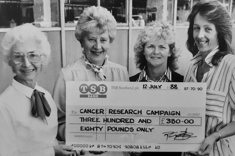 A cheque presentation in 1988 to the Cancer Research Campaign for £380. It took place at the Stakis Albany Hotel in Glenrothes and came from Glenrothes and Leven Slimming Magazine club members. Pictured are Helen Weir, committee member; Betty McLean, who is chair of Cancer Research; with Liz Roberts (deputy) and Margaret Stanford, group leader of the club.
