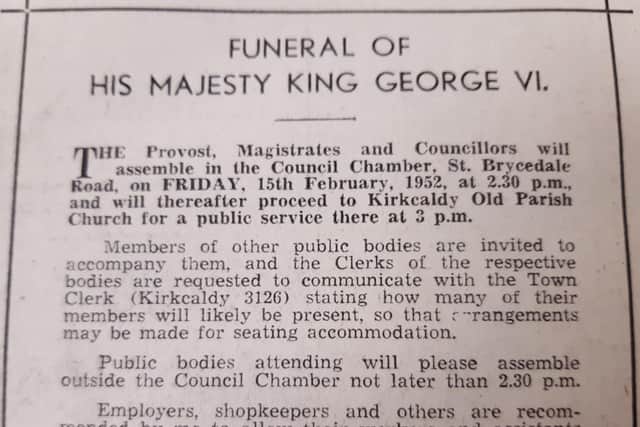 The notice in the Fife Free Press announcing services to mark the death of King George VI