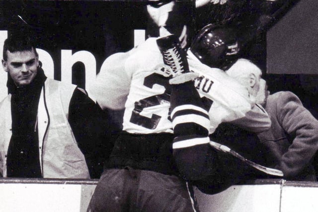 The famous moment when Ryan Kummu threw Whitley Warriors David Longstaff over the boards in a game at Fife Ice Arena in 1993.