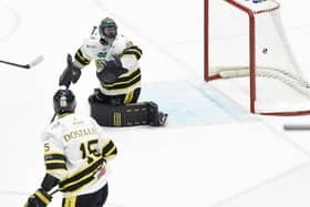 Glasgow Clan fire the puck into Fife Flyers' net (Pic: Al Goold)