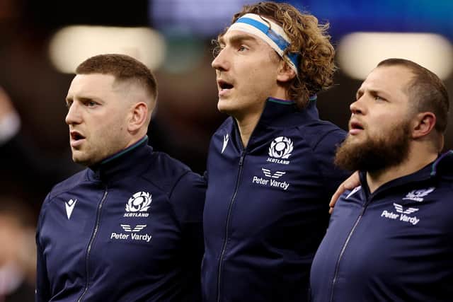 Previous Scotland captain Jamie Ritchie, second from left, singing their national anthem prior to kick-off against Wales in the Six Nations at Cardiff's Principality Stadium on Saturday (Photo by Warren Little/Getty Images)