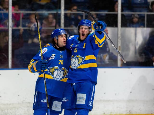 Collin Shirley celebrates his opening goal for Fife Flyers against Cardiff Devils (Pic: Derek Young)