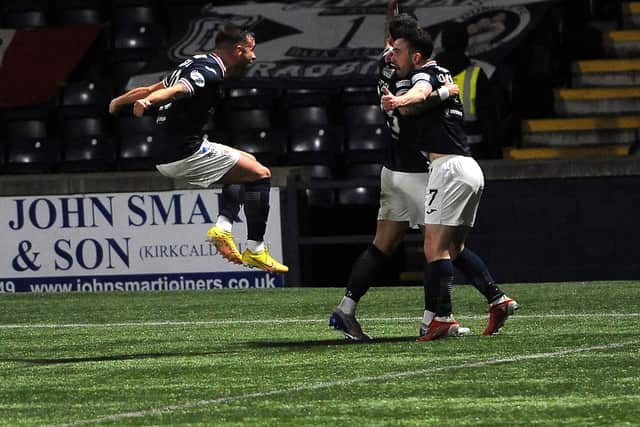 Raith scorer Aidan Connolly celebrates goal with Dylan Easton and Lewis Vaughan (Pic Fife Photo Agency)