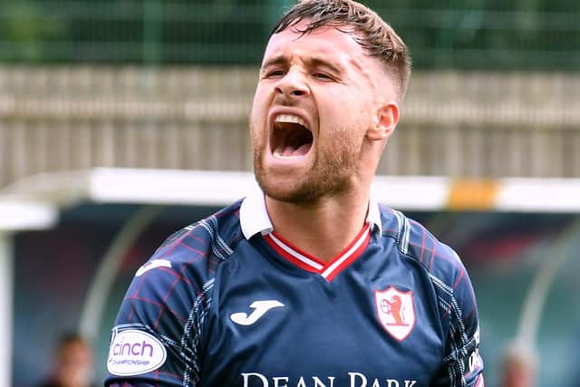 Lewis Vaughan celebrating the 79th-minute penalty that secured a 3-2 win for Raith Rovers at Annan Athletic in their Viaplay Cup pool match on Saturday (Photo: Eddie Doig)