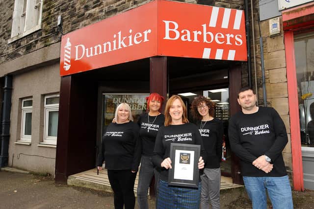 Staff from the award winning Dunnikier Barbers. Pictured are: Sammi,  Lindzie,  owner  Evelyn Duncan , Nikki and Tony. Pic credit- Fife Photo Agency