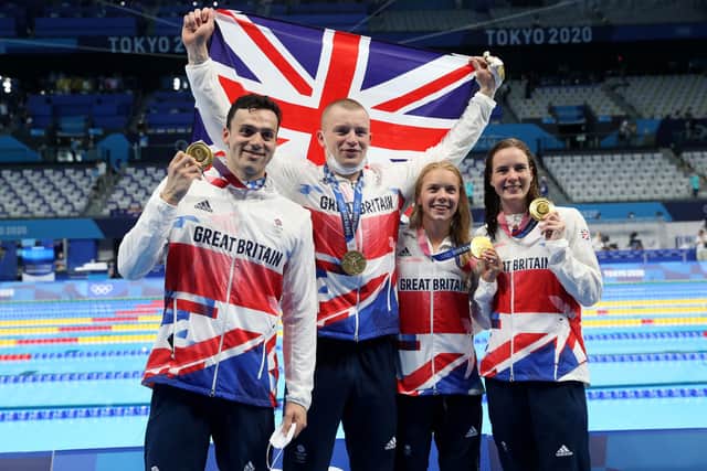 Kirkcadly’s Kathleen Dawson, far right, with teammates Adam Peaty, James Guy and Anna Hopkin (Pic: Maddie Meyer/Getty Images)