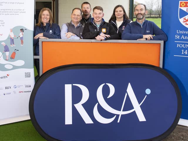 Launching a golf-based health initiative are, from left, Scottish Golf chief operating officer Karin Sharp, Fife Golf Trust chief executive officer Paul Murphy, Dunnikier Park Golf Club professional Alasdair McDonald, Cluny Clays Golf Club professional Gregor MacDonald, St Andrews University school of medicine research fellow Lynsey Brown and Kevin Barker, director of golf development at the R&A (Pic: The R&A)