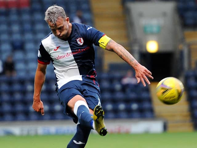 Raith Rovers captain Kyle Benedictus lofts a long ball upfield (picture by Fife Photo Agency)