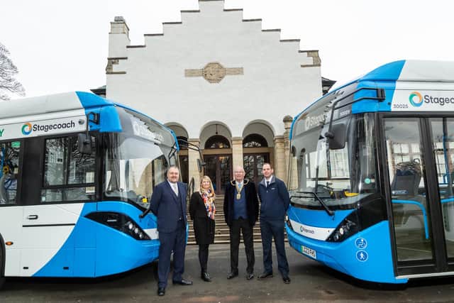 From l;eft: Douglas Robertson, Stagecoach East Scotland Managing Director, Marie Connell, National Account Manager at Alexander Dennis, Provost of Fife, Jim Leishman, Stagecoach Dunfermline Assistant Operations Manager, Iain Stewart