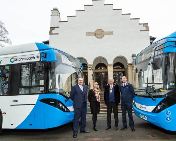 From l;eft: Douglas Robertson, Stagecoach East Scotland Managing Director, Marie Connell, National Account Manager at Alexander Dennis, Provost of Fife, Jim Leishman, Stagecoach Dunfermline Assistant Operations Manager, Iain Stewart