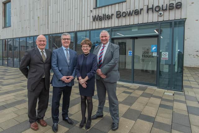 Geoff Morris, Director of the Eden Campus; Malcolm Offord, UK Government Minister for Scotland;  Professor Dame Sally Mapstone, Principal and Vice-Chancellor;  Derek Watson, Quaestor & Factor.