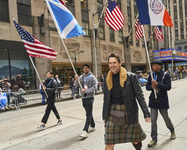 Dougray Scott leading the Tartan Day parade in New York (Pic: Kylie Corwin)
