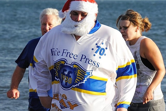 Keeping warm with the help of a Fife Flyers strip in 2012