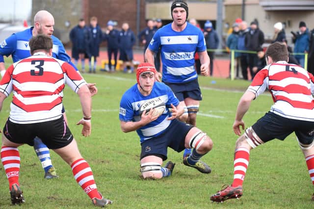 Will Howley on the ball prior to scoring Howe of Fife's first try during their 23-22 defeat at Orkney on Saturday (Pic: Chris Reekie)