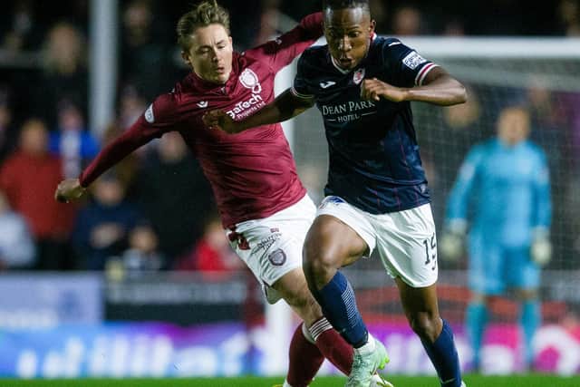 Raith Rovers defender Kieran Ngwenya and Arbroath's Scott Allan in action during their side's Scottish Championship match at Gayfield Park last night (Photo by Ewan Bootman/SNS Group)