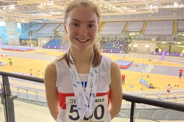 Katie Sandilands with her Scottish Indoor 800m and 1500m gold medals