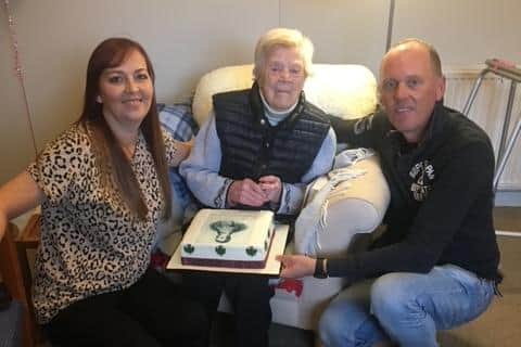 Annie Gourlay celebrated her 100th birthday with grandson Jon and Jon's sister Joanne.