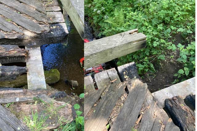 The damage to the bridge is evident in these images (Pics: Cllr Leslie)