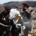 Members of the 105th Regiment Royal Artillery fire a 41-round gun salute at Edinburgh Castle, to mark the death of the Duke of Edinburgh on April 10 picture: Andrew Milligan/PA Wire